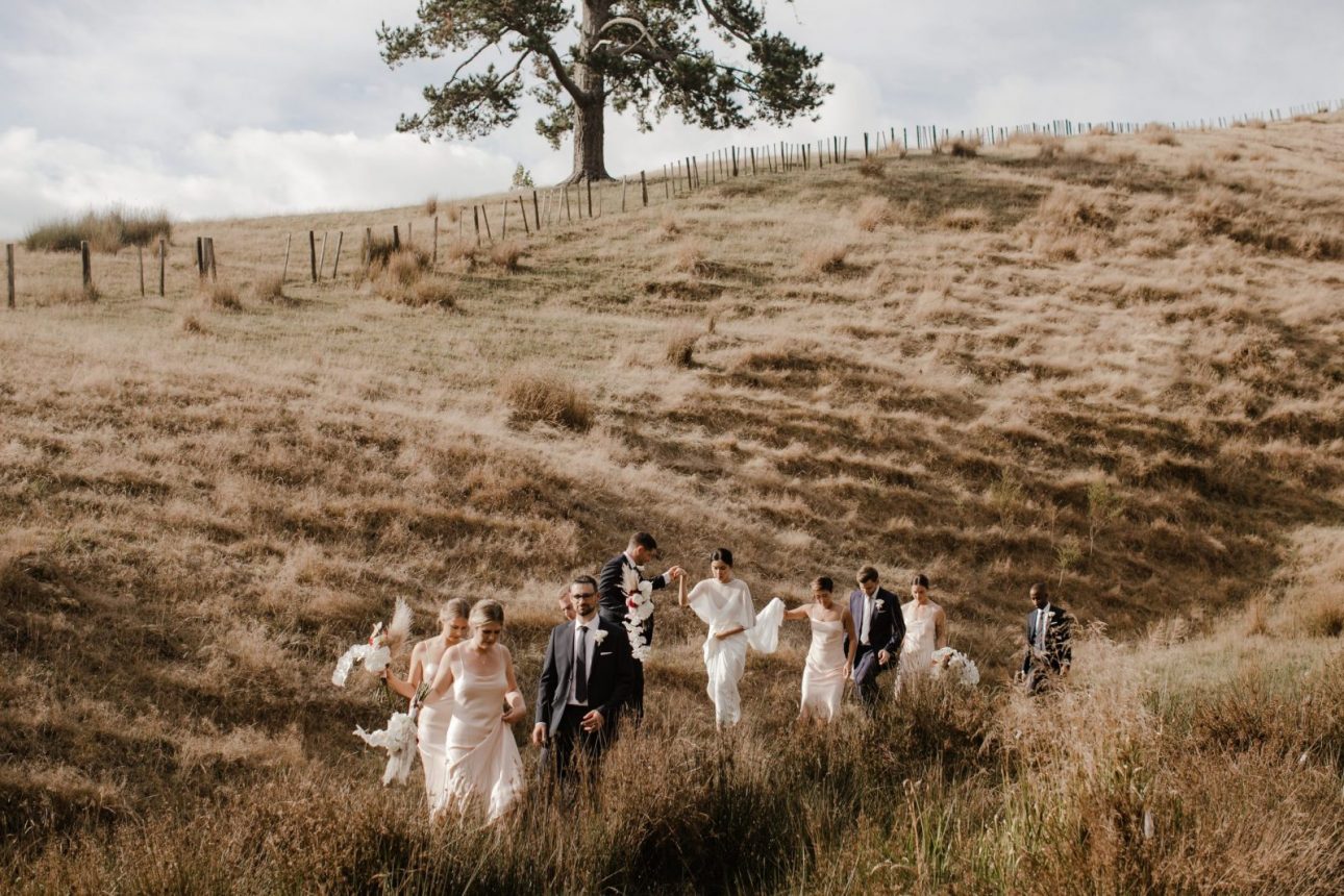 Modern bridal party with blush dresses at Kauri Bay Boomrock Auckland New Zealand Wedding