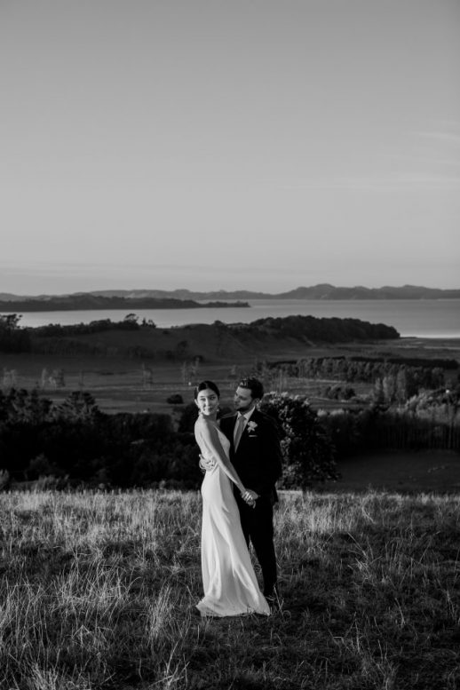 Bride and Groom at sunset on top of the hill at Kauri Bay Boomrock Ana Galloway Photography