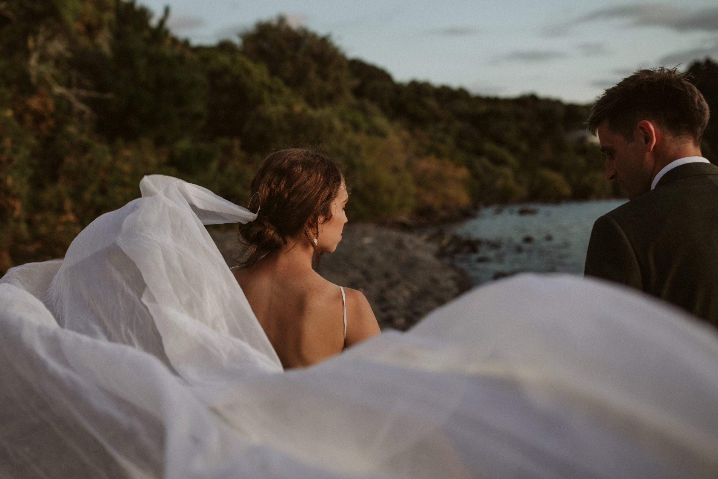 Bride and her veil in the evening Lake Taupo Wedding Ana Galloway Photography